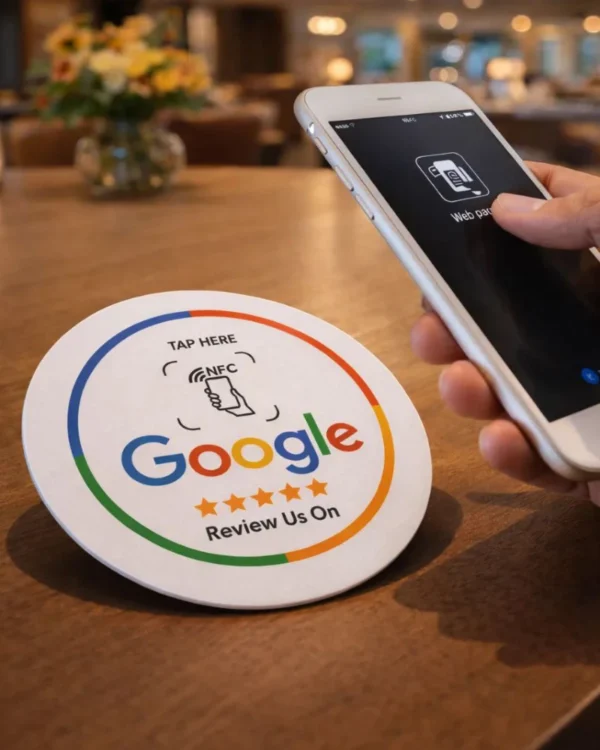 Placa NFC para Reseñas de Google expuesta en Lobby de Hotel