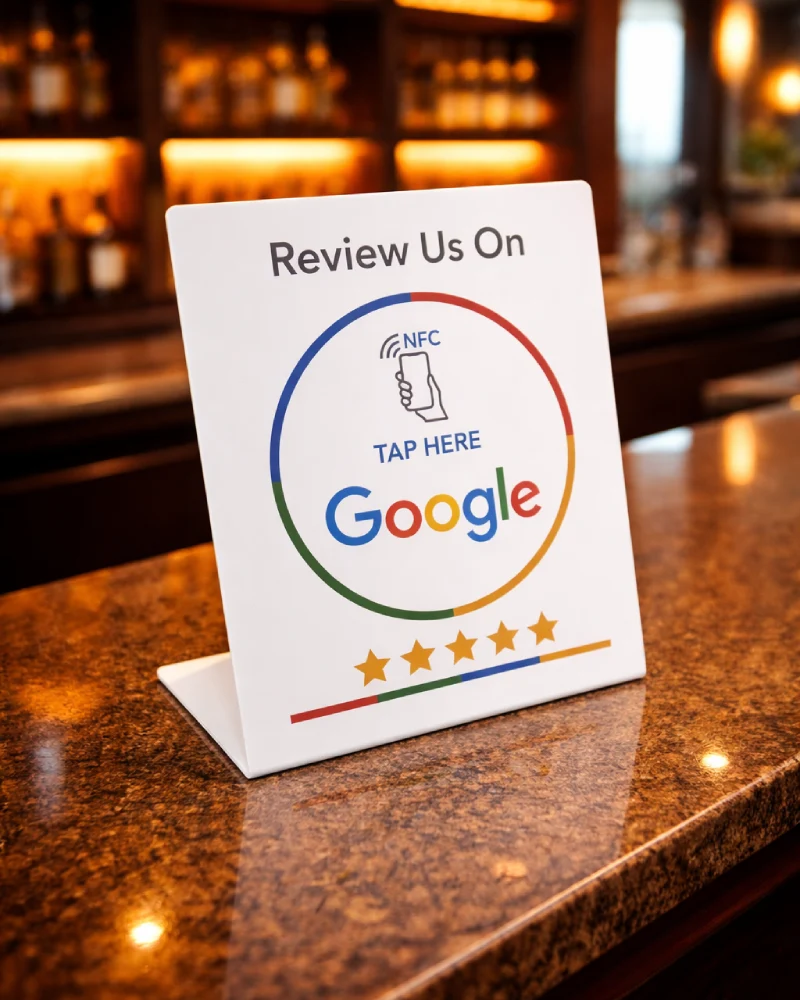 Stand NFC para Reseñas de Google expuesto en lobby de hotel