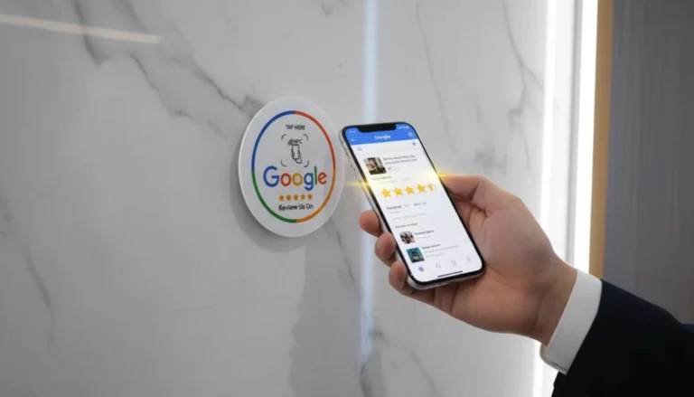 Placa NFC para Reseñas de Google en Funcionamiento en Lobby de Hotel