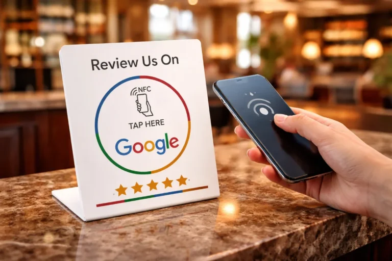 Stand NFC de Tap Review en la recepción de una peluquería moderna