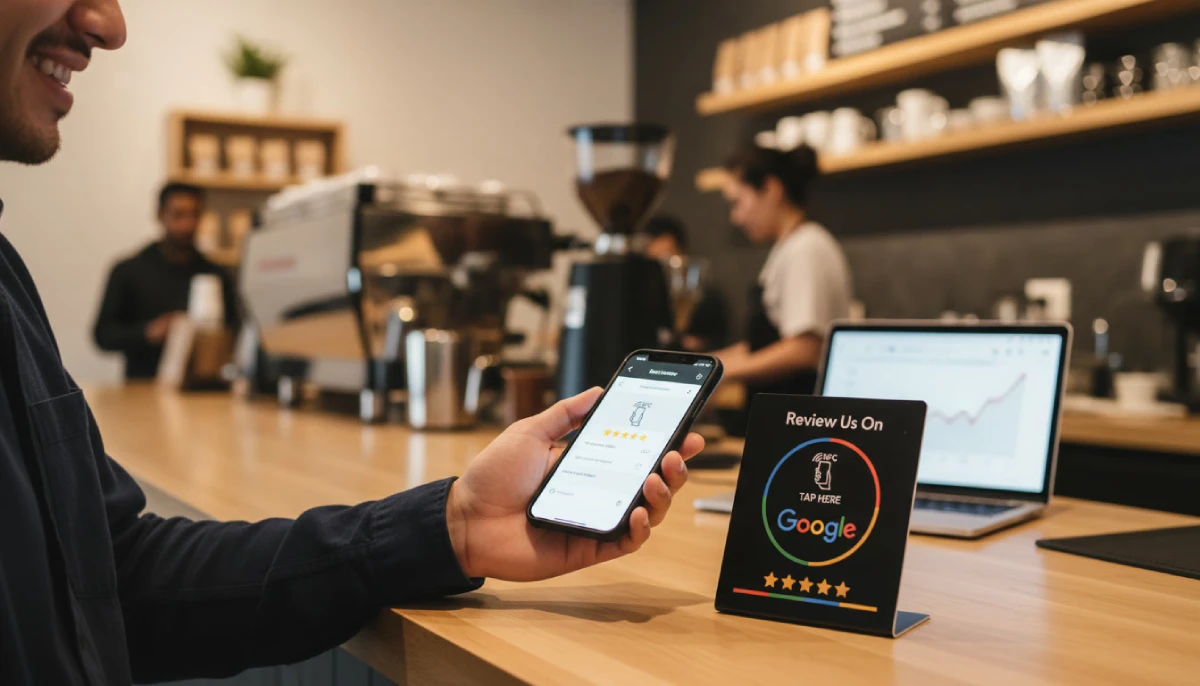 Tarjeta NFC para reseñas de GOOGLE en funcionamiento