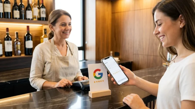 Cliente utilizando una tarjeta NFC para dejar una reseña en Google.